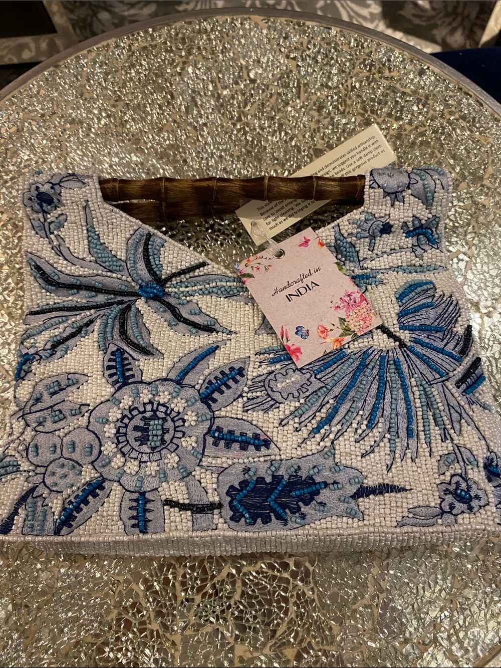 Handcrafted Blue & White Beaded Clutch